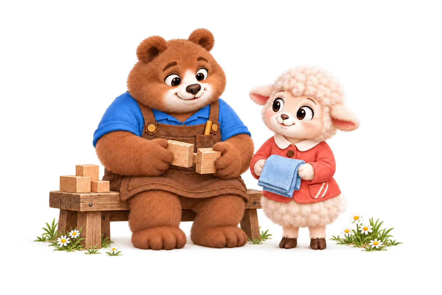 Bruno fits wooden blocks together while Belle holds a piece of fabric beside him.