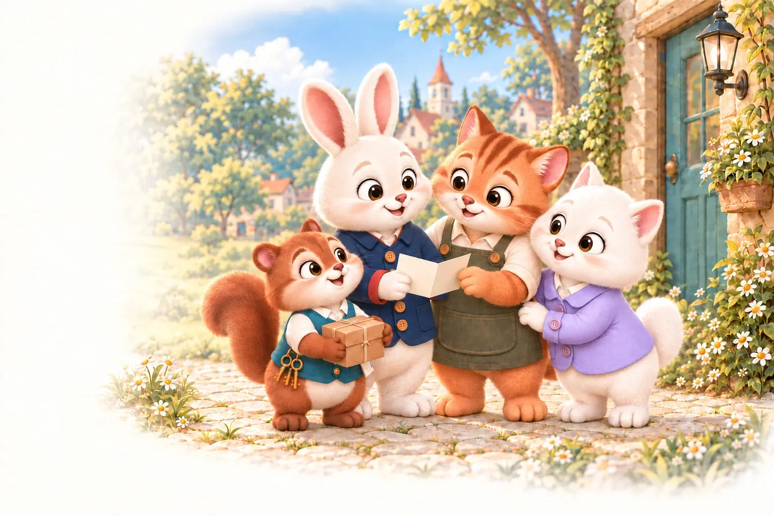 Milo, Jasper, Pip and Nell gather close, smiling together over a letter and parcel in Dorang Village.